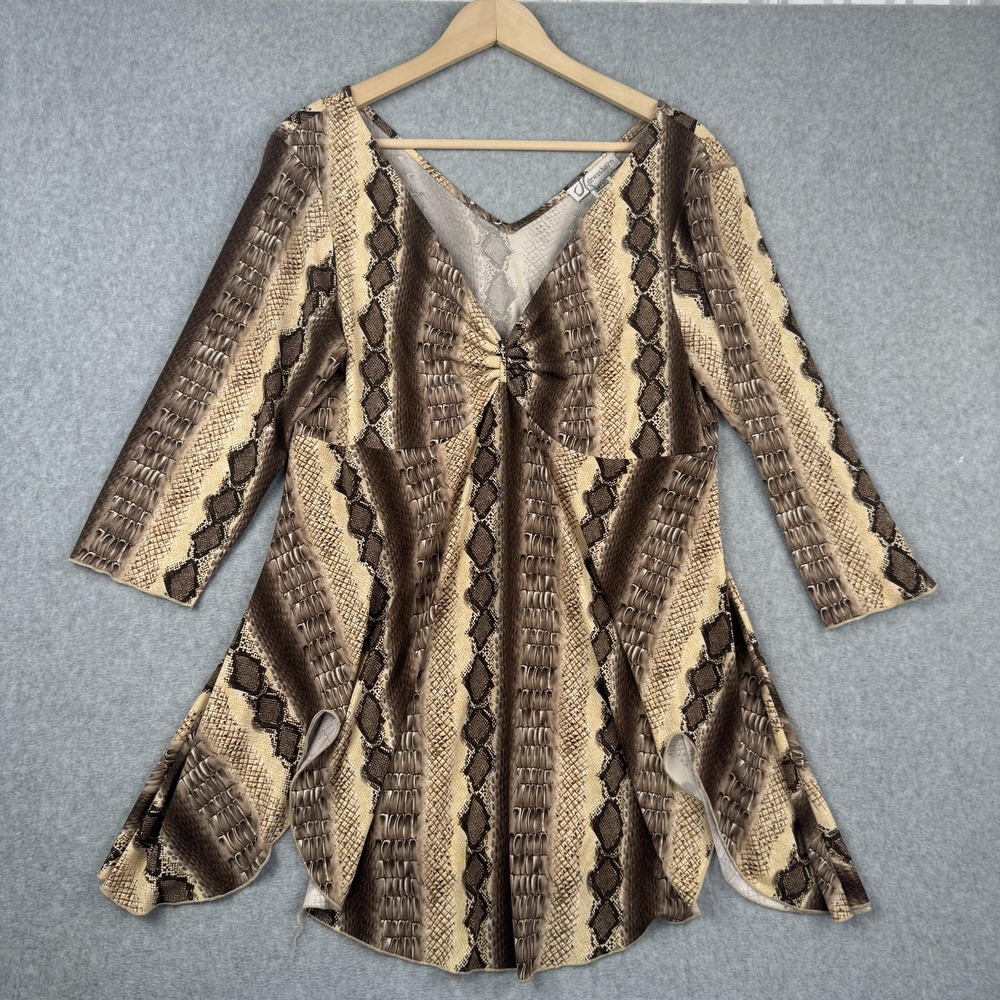 Vintage Y2K Babydoll Top Womens XL Brown Snake Handkerchief Hem Tunic Dressbarn